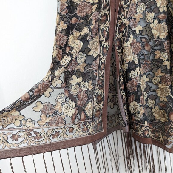 UNBRANDED Kimono Women's OS Floral Brown Black Metallic Sheer‎ Buttons Fringe - Picture 6 of 16